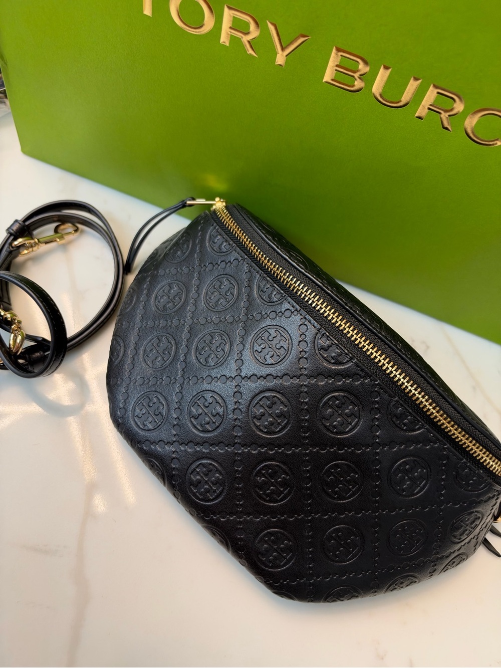 Tory Burch Black Monogram Leather Crossbody Belt Bag with Gold Hardware